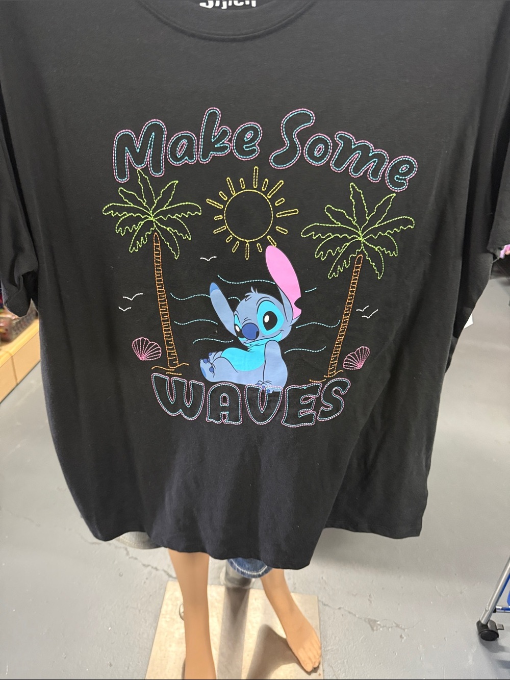 Make Some Waves Black Graphic Tee with Stitch Design